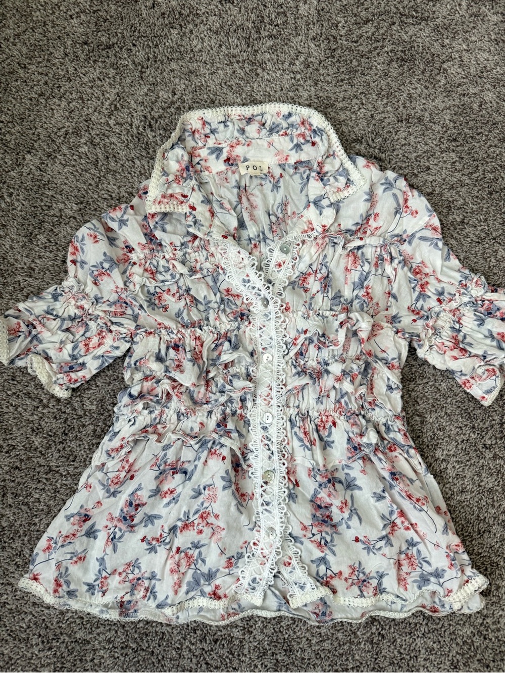 Ruffled Floral Button-Front Kids Blouse - White with Pink & Blue Floral